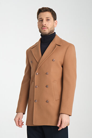 Frappoli Regular Fit Double Breasted Metal Button Detailed Cashmere Coat