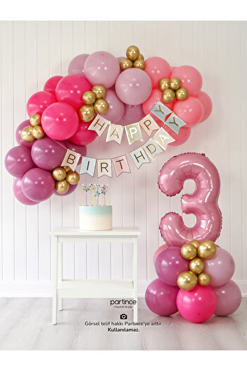 partince 3 Year Old Balloon Birthday Balloon Chain Mini Pastel Pink Party Set