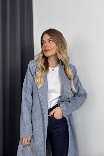 Sue Store Mavi Gri Balıksırtı Astarlı Kuşaklı Yün Kaban