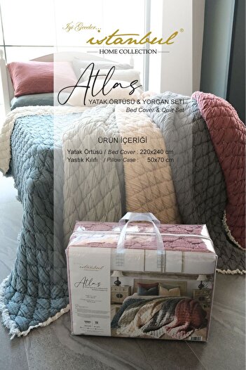 İyi Geceler İstanbul ATLAS %100 PAMUKLU ÇİFT KİŞİLİK MÜSLİN  YATAK ÖRTÜSÜ VE YORGAN SETİ