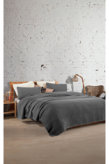 destinyhometex Dark Gray 100% Cotton Single 160X240Cm Waffle Fringeless Bedspread/1 Piece 50X70Cm Pillow