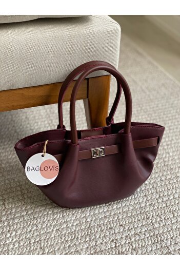 BAGLOVİS Mini Size Claret Red Women's Shoulder Bag with Front Lock Detail