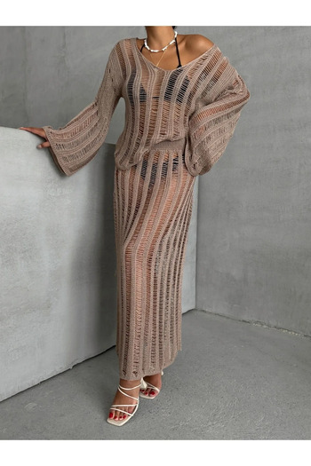 nosia fashion Γυναικεία Φαρδιά Πλεκτή Μπλούζα Φούστα Διπλό Σετ Παραλίας