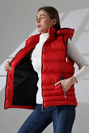 B.HE.Z Red Women's Inflatable Vest - Detachable Zipper, Hood, Inner Pocket and Lining
