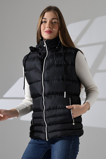 B.HE.Z Black Women's Inflatable Vest - Detachable Zipper, Hood, and Inner Pocket