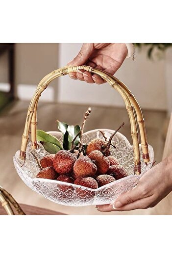FAIR HOME Round Glass Presentation Holder with Bamboo Handle – Basket Fruit Holder