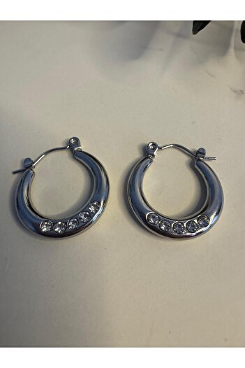 stainless steell Gümüş Renkli Üzeri Taşlı Çelik Küpe- Taşlı Çelik Halka Küpe