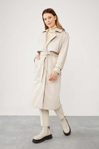 Levidor Stone Midi Size Belted Leather Trench Coat