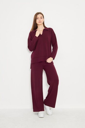 Irmak Kerekli Claret Red Polo Neck Women's Knitwear Set - Bottom and Top Set 1307