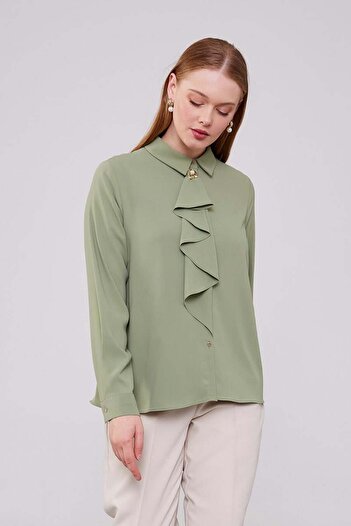 Levidor Aqua Green Collar Scarf Brooch Detailed Blouse