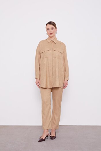 Levidor K.Beige Stone Embroidered Melange Shirt Double Set