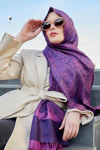 Levidor Purple Tasseled Ethnic Cashmere Silk Shawl