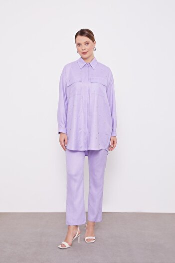 Levidor Lilac Stone Embroidered Melange Shirt Double Set