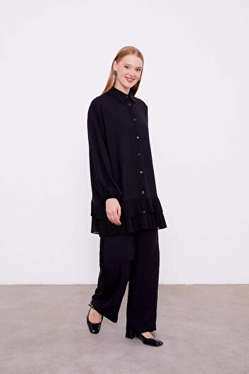 Levidor Black Hem Pleated Shirt Collar Tunic Set