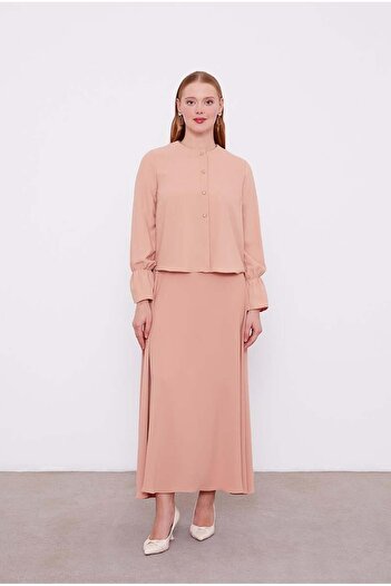Levidor Salmon Short Chiffon Shirt Skirt Set