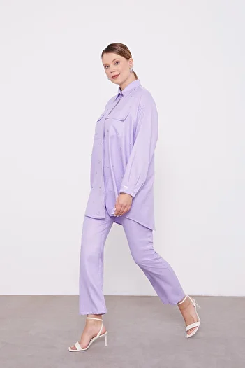 Levidor Lilac Stone Embroidered Melange Shirt Double Set