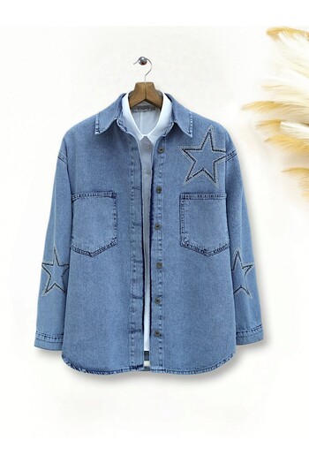 Modamorfo Ice Blue Star Stone Double Pocket Denim Jacket