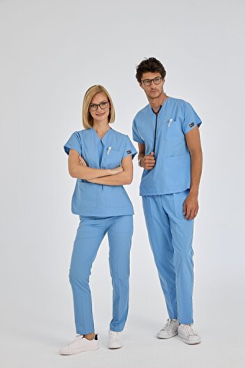 ÇİZGİ MEDİKAL Dr Greys Terikoton Tricou albastru deschis Doctor Nurse Tricou medical Costum chirurgical țesătură subțire (SUB-TOP)