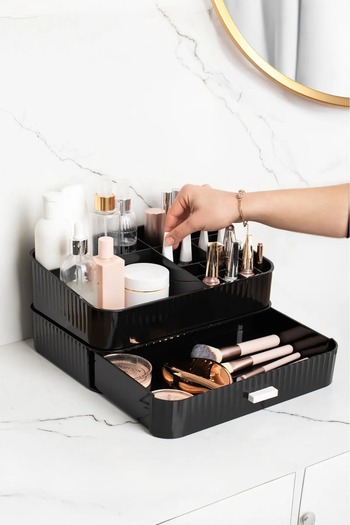 Bayev Black Makeup Organizer - with Pom Drawers, Cosmetic Lipstick Stand, Perfume Rack