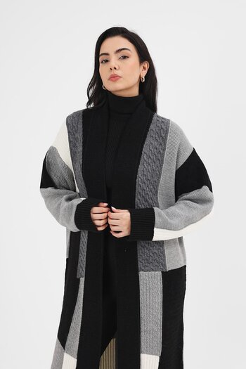 Uludağ Triko Kadın Siyah Patchwork Desenli Kimono
