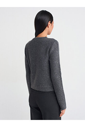 Dilvin 60935 Smoked Knitwear Cardigan - Crew Neck with Sequins Glitter and Buttons