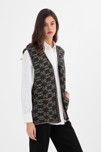 Uludağ Triko Women's Black Monogram Patterned Pocket Knitwear Kilim Mother Vest