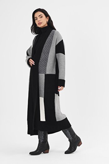 Uludağ Triko Kadın Siyah Patchwork Desenli Kimono