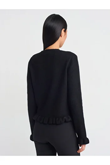 Dilvin 60934 Crew Neck Ruffle Detailed Buttoned Knitwear Cardigan-Black
