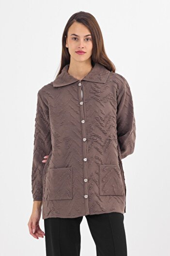 Uludağ Triko Women's Milk Coffee Embossed Pattern Knitwear Cardigan with Buttons and Pockets