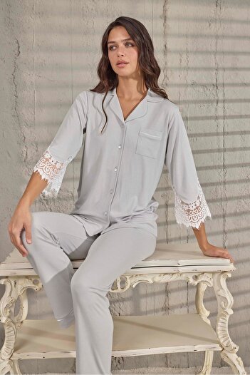 Aydoğan Lodos Store Women's Front Button Polyviscose Fabric Lace Detailed Nightgown Gray