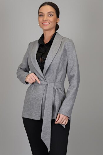 SWEETNESS Women's Gray Diagonal Patterned Belted Unlined Jacket