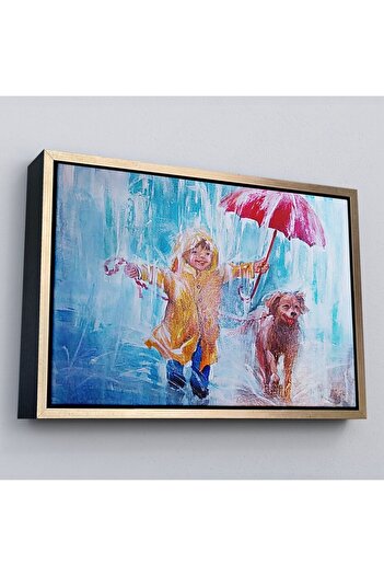 indispensablely Framed Child Walking His Dog in the Rain Oil Painting View Art Print-3454