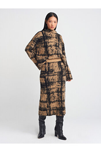 Dilvin 80118 Camel Patterned Elastic Waist Knitwear Skirt