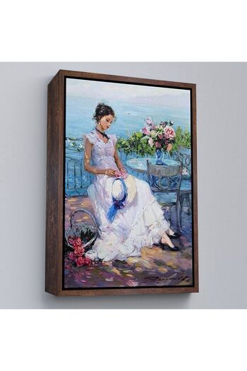 indispensablely Beautiful Woman in White Dress on the Frameed Terrace Painting-6273