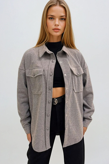 VAGGON Women's Dark Gray Double Pocket Snap Closure Oversize Jacket Prmx12487