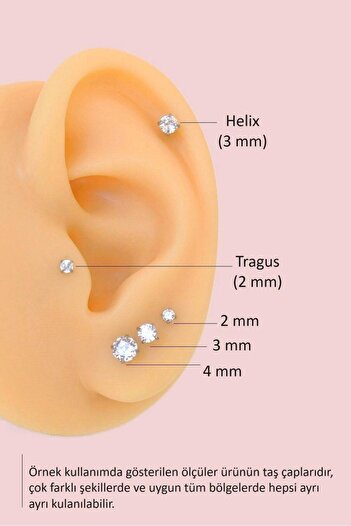 Sacce Scarves&Accessories Tektaşlı 3'lü Set Çelik Piercing Tragus Helix Kıkırdak Lob Burun 6 mm Gümüş Renk