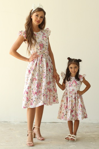KÜÇÜĞÜM BUTİK Pink Daisy Butterfly Sleeve Mother Daughter Combination (ΠΩΛΕΙΤΑΙ ΜΟΝΟ.)