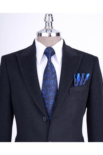 TerziAdemAltun Італійський стиль, slim fit, гострий комір, вовняна суміш, кашемір, чоловічий пальто, темно-синій T13456