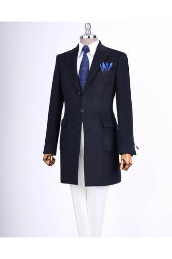 TerziAdemAltun Італійський стиль, slim fit, гострий комір, вовняна суміш, кашемір, чоловічий пальто, темно-синій T13456