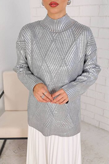 Melike Tatar Pulover de damă din tricot din folie cu model strălucitor - Mărime standard 7004