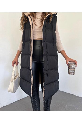 BLUSS Women's Double-Sided Long Hooded Sleeveless Puffer Vest