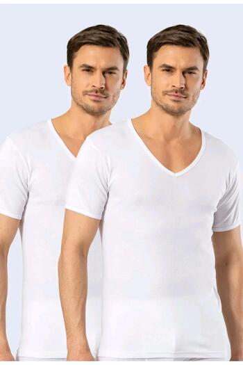 saac 2 Pcs White 100% Cotton Deep V-Neck Short Sleeve Men's T-Shirt-Fanillas