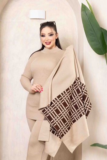 nimet tekstil 3-Piece Poncho Knitwear Suit Women's Suit with Throat and Elastic Waist