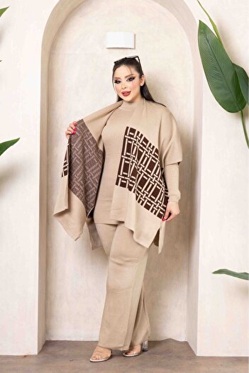 nimet tekstil 3-Piece Poncho Knitwear Suit Women's Suit with Throat and Elastic Waist
