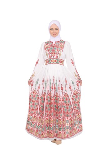 Zaytoon Kanfa din șifon alb - rochie tradițională ajurata pentru femei cu broderie cu decolteu O M-3xl C 100025