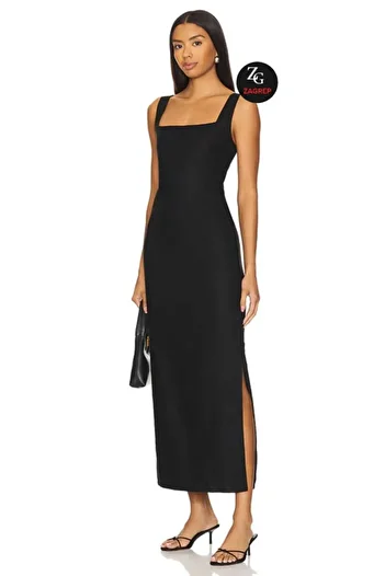 Zagrep Women's Black Front and Back Square Neck Wide Strap Lined Slit Silk Jersey Maxi Dress