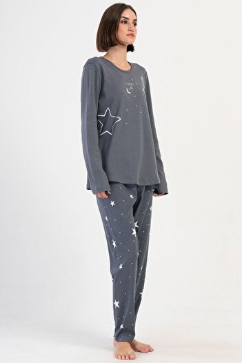 VİENETTA Kadın Uzun Kol Büyük Beden Füme Pijama Takım C7T5N3O304