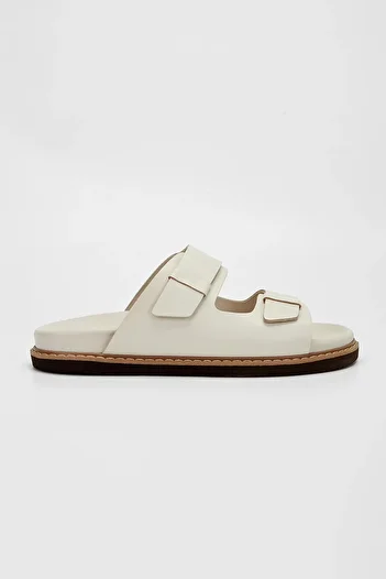 Valmenti Men's Beige Genuine Leather Flat Slippers