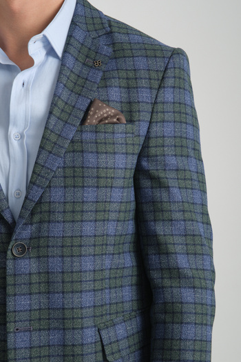 Frappoli Nina Men's Navy Blue - Green Plaid Slim Fit Mono Collar Sports Blazer Jacket