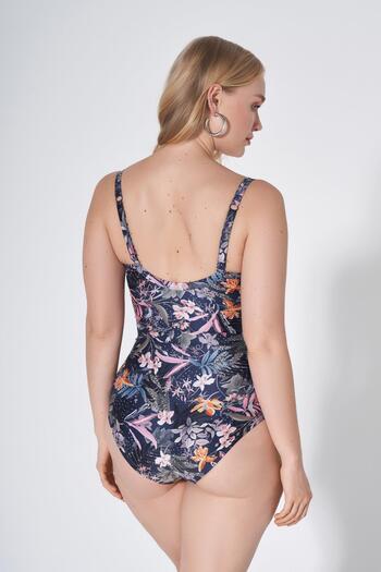 HAREM SUARE Judy Minimizer Gathering Large Size V-Neck Swimsuit Midnight Blue Patterned